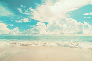 Beautiful tropical beach with blue sky and white clouds abstract texture background. Copy space of summer vacation and holiday business travel concept. Vintage tone filter - generative ai