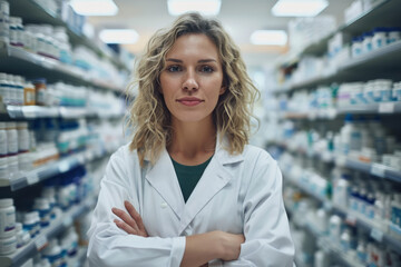 Closeup Portrait of a female pharmacist in a modern pharmacy, standing by the medication shelves and making eye contact with the camera,  - obrazy, fototapety, plakaty