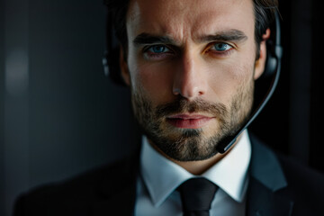 Closeup Portrait of a professional man dressed in an elegant suit working as a call center manager, looking in the camera - obrazy, fototapety, plakaty