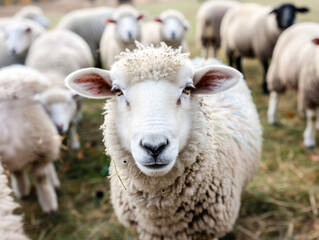 A single sheep looking directly at the camera, with a soft focus on the rest of the flock