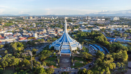 The iconic MBKS building and its surrounding lake, scenery, and gardens Kuching, Sarawak.