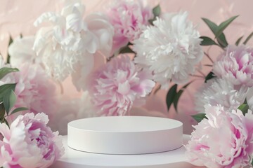 White round pedestal on a soft pink background, surrounded by a whimsical scattering of peonies. Ideal for displaying products