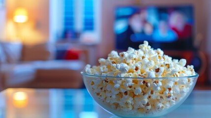 Popcorn in a glass bowl, ready to watch tv,blurred background