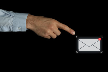 Email. Man touching virtual screen with incoming letter notification against black background,...