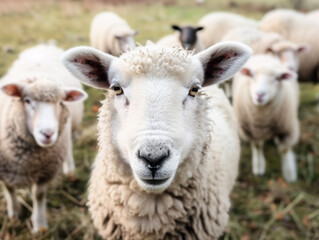 A single sheep looking directly at the camera, with a soft focus on the rest of the flock