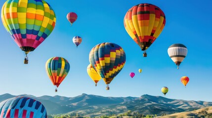 Colorful hot air balloons on a beautiful mountain background