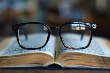 A Pair of Black Rimmed Glasses on an Open Book.