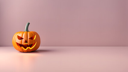 A pumpkin with a scary face is on a table