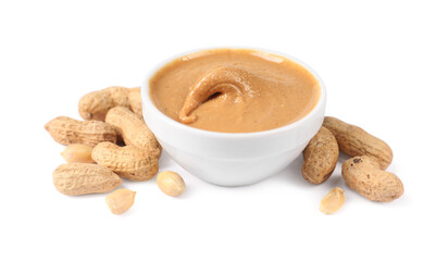 Delicious nut butter and peanuts isolated on white