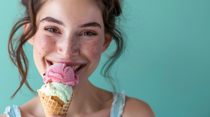 A woman wearing a big smile as she enjoys a waffle cone filled with colorful ice cream on a mint blue background, closeup. Copy space.