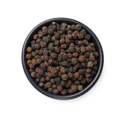Aromatic spice. Many black peppercorns in bowl isolated on white, top view