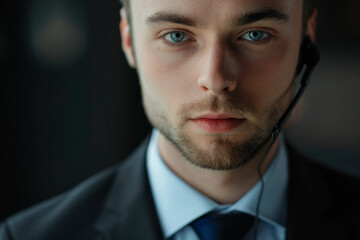 Closeup Portrait of a professional man dressed in an elegant suit working as a call center manager, looking in the camera