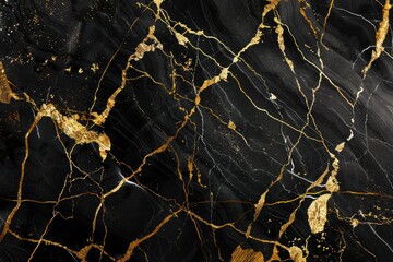Golden Elegance: A Striking Black and Gold Marble Wall, Embellished with Lustrous Gold Streaks, A Tapestry of Luxury.
