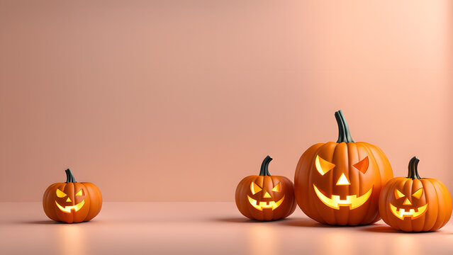 A group of four pumpkins with their eyes open and mouths wide open