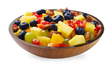 Delicious fruit salad in bowl isolated on white