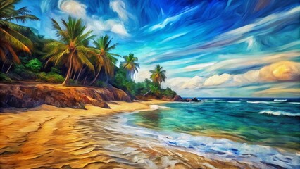 Oil painting of tropical beach with palm trees illustration