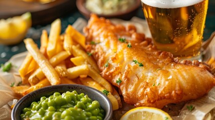 Delicious fish and chips paired with a refreshing beer - Powered by Adobe