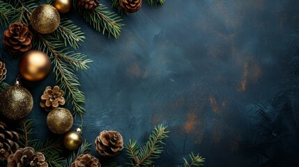 Christmas background with fir branches, pine cones and golden balls