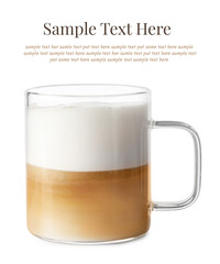 Aromatic coffee in cup and text sample on white background