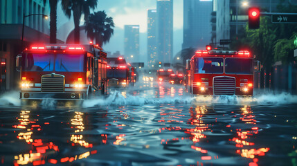 Fire trucks moving on the flooded downtown street responding on emergency call during severe stormy and rainy weather