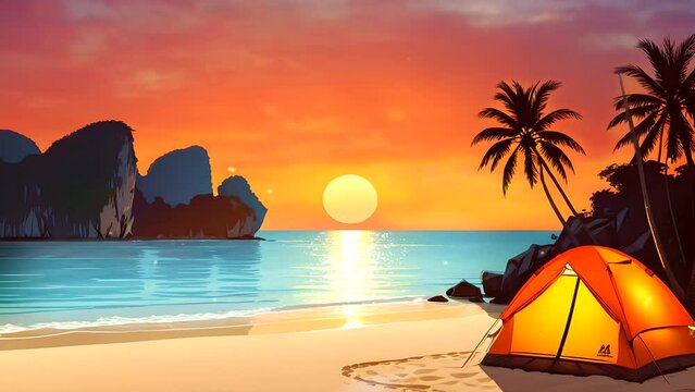 A tent on sunset background at the beach. Seamless looping time-lapse 4k video animation background