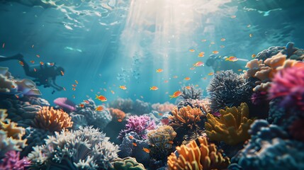 Captivating Underwater Coral Reef Scene with Vibrant Marine Life and Sun Rays