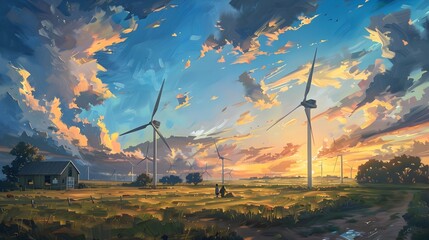 Majestic Windmill Field at Stunning Sunset in Peaceful Countryside Landscape