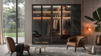 Modern luxury cabinet with glass doors, showcasing a well-arranged selection of designer clothes