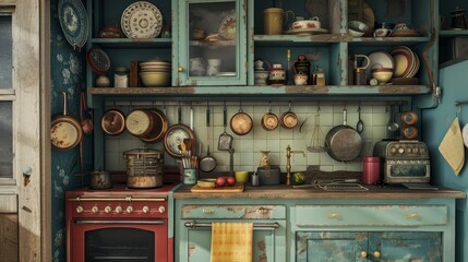 Nostalgic kitchen scene with an opened cabinet door, vintage kitchen items tell a story