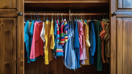 Open wooden wardrobe door reveals rows of small, vibrant clothes for kids