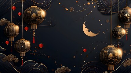 Festive Chinese Lanterns and Crescent Moon in Starry Night Sky