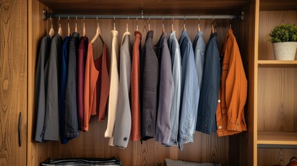 Sleek modern wooden cabinet with stylish clothes neatly hanging, embodying contemporary elegance