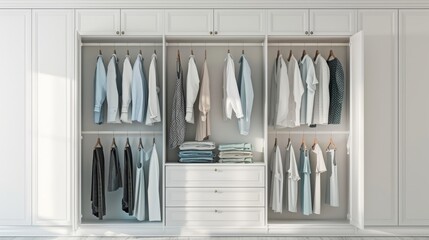 Spacious white wardrobe, doors ajar, showcasing an array of clothes hanging gracefully