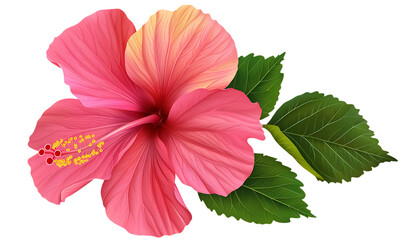 Pink hibiscus flower with green leaves  isolated on a white background.