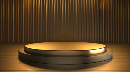 Golden round podium with glowing illuminated surface in a dark room showcasing a luxurious and sophisticated setting for awards ceremony or product