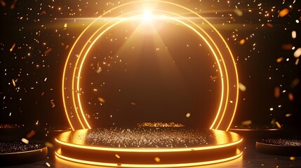 Glowing Golden Rings of Light on Radiant Pedestal Stage Backdrop
