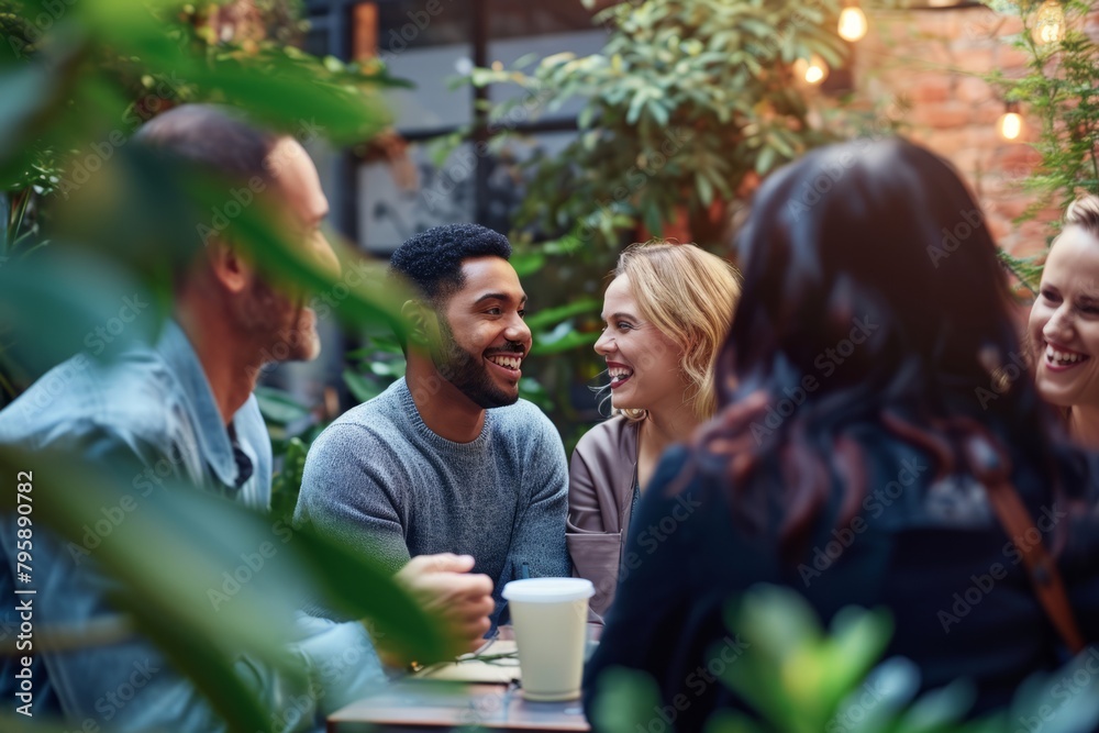 Wall mural Group of friends talking and laughing at a coffee shop. Cheerful young men and women sitting in a cafe and drinking coffee.