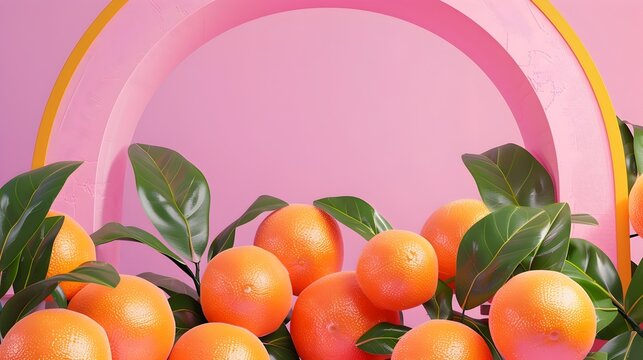 Handmade Tangerine Fruit Showcased Under a Pink Architectural Structure