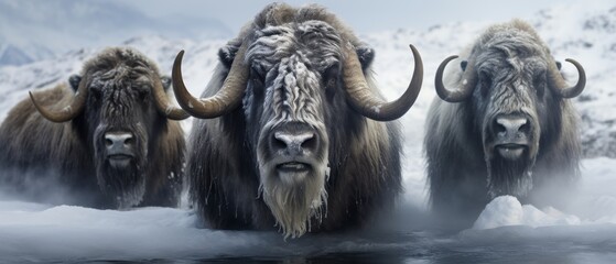 Timelapse photo series of musk oxen as they endure the changing intensity of a daylong snowstorm - obrazy, fototapety, plakaty