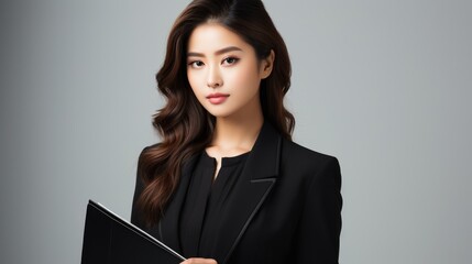 Studio shot of an Asian businesswoman in a tailored black suit, exuding confidence with a laptop in hand and a bright smile, on a white background