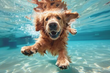 A dog is swimming in a pool and is having fun. Summer heat concept, background