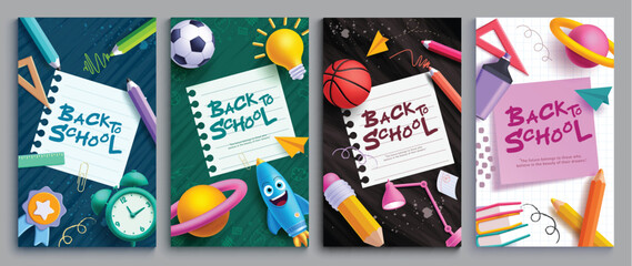 Back to school vector posters design. Back to school text greeting with clock, color pencil, rocket and paper for educational flyers lay out collection. Vector illustration school postcard set.  
