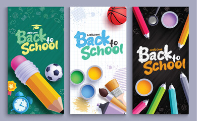 Back to school vector posters set design. Welcome back to school greeting text with pencil, water color, color pencil and brush arts materials for educational lay out collection. Vector illustration 