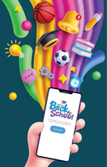 Back to school online vector design. Welcome back to school greeting text with mobile phone e learning course application for distance class and tutorial poster. Vector illustration school online 
