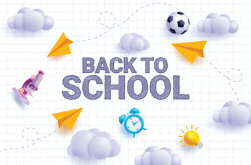 Back to school text vector banner design. Back to school typography in paper grid background with yellow paper airplane, clouds, microscope, clock and ball for learning educational background. Vector 