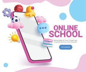 Online school mobile phone vector design. Back to school online course e learning home page with mobile phone elements for virtual education application background. Vector illustration online school 