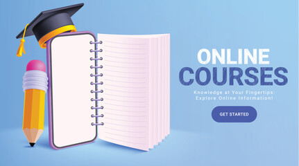 Online courses school vector design. Back to school online course mobile phone application with notebook and pencil elements educational home page design. Vector illustration online courses design. 

