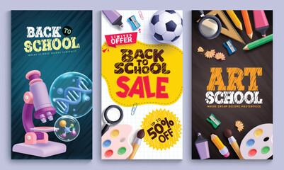 Back to school vector poster set design. Back to school sale promotion, arts educational material for educational lay out collection flyers bundle postcard. Vector illustration school back bundle 