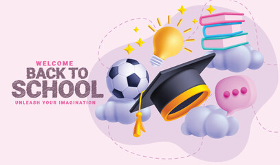 Back to school vector banner design. Welcome back to school text greeting with graduation cap, clouds, books and ball educational elements. Vector illustration school back banner design. 
