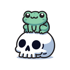 cute frog sitting on a skull vector illustration template design. kawaii frog cartoon character